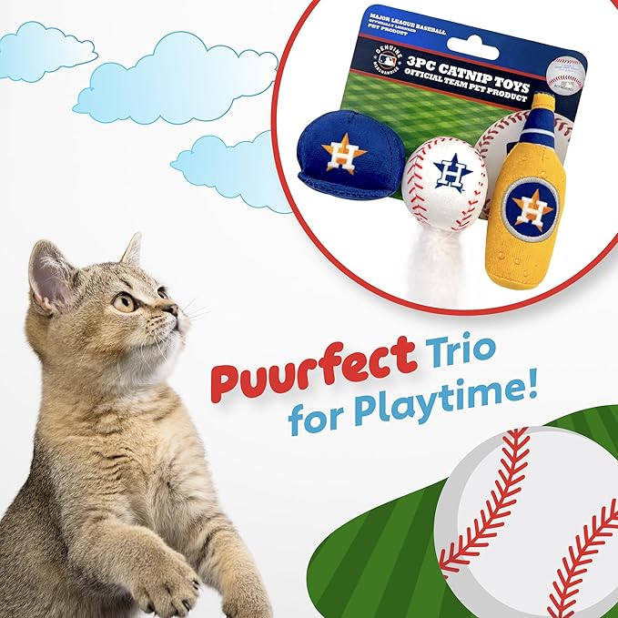 BEST PLUSH CAT TOY - MLB HOUSTON ASTROS Complete Set of 3 piece Cat Toys filled with Fresh Catnip. Incld: 1 Baseball Cap Cat Toy, 1 Baseball Cat Toy with Feathers & 1 Beer Bottle. Beautiful Team LOGOS