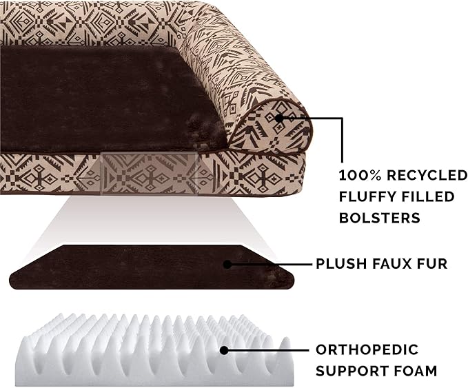 Furhaven Orthopedic Dog Bed for Medium/Small Dogs w/ Removable Bolsters & Washable Cover, For Dogs Up to 35 lbs - Plush & Southwest Kilim Woven Decor Sofa - Desert Brown, Medium