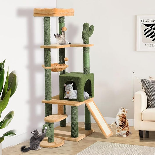 YITAHOME Tall Cat Tree Tower with Leaves for Indoor Cats, 72.8in Cute Cat Climbing Tower with Self-Grooming Brush, Cat Condo, Top Perch, Basktet, Sisal Scratching Posts and Board,Toy Balls