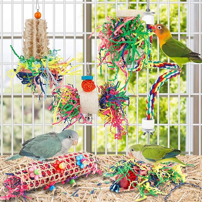 Bird Toys Bird Shredding Foraging Toys Parakeet Toy Chewing Hanging Toy Bird Shredded Paper Bird Cage Accessories Bird Rope Perch for Conure Cockatiel Budgies Lovebird Parrotlet (with Rope Perch)