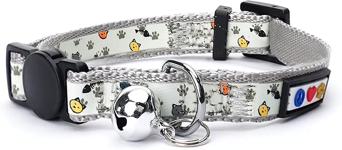 Pawtitas Glow in The Dark Cat Collar with Safety Buckle and Removable Bell Cat Collar Kitten Collar Grey Cat Collar