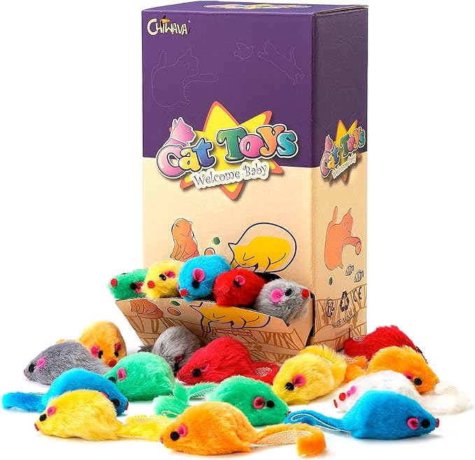 CHIWAVA 36PCS 4.1'' Furry Cat Toy Mice Rattle Small Mouse Kitten Interactive Play Assorted Color