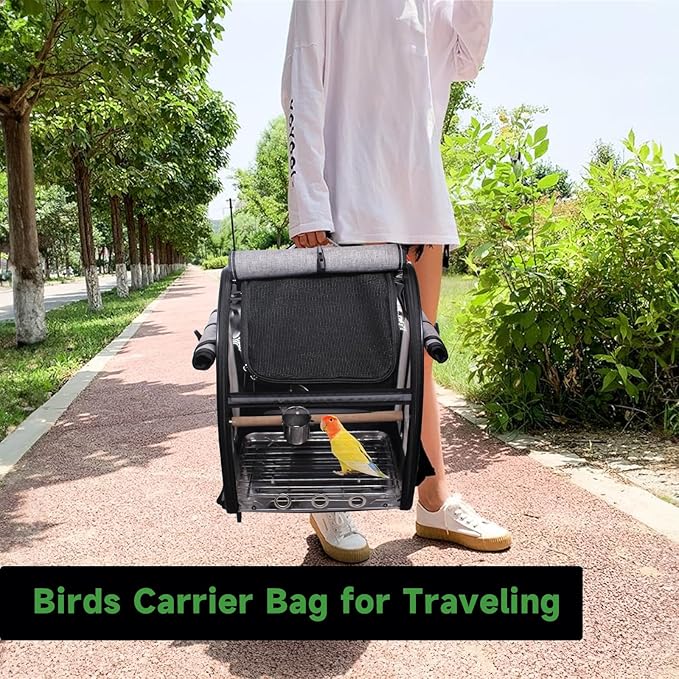 Bird Carrier Bag with Perch, Bird Travel Carrier Backpack with Stainless Steel Plate and Mesh, Portable Transparent Bird Travel Cage with Feeder Cups for Small Birds Parakeet Parrot