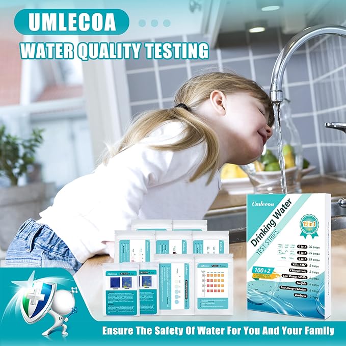 19 in 1 Water Test Kit - 100 Strips + 2 Bacteria Tests - Home Water Quality Test Strips for pH, Hardness, Chlorine, Lead, Iron, Copper, Nitrate, Nitrite, and More