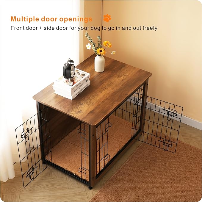 DWANTON Dog Crate Furniture with Cushion, Wooden Dog Crate with Double Doors, Dog Furniture, Indoor Dog Kennel，End Table, Medium, 32.5" L, Warm Brown