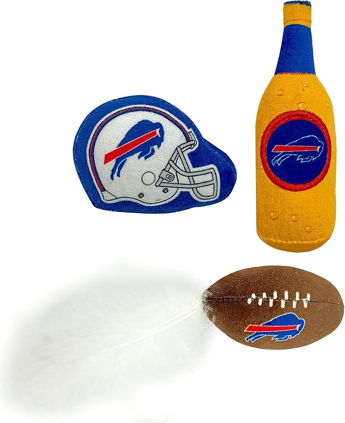 BEST PLUSH CAT TOY - NFL BUFFALO BILLS Complete Set of 3 piece Cat Toys filled with Fresh Catnip. Includes: 1 Helmet Cat Toy, 1 Football Cat Toy with Feathers & 1 Beer Bottle. Beautiful Team LOGOS