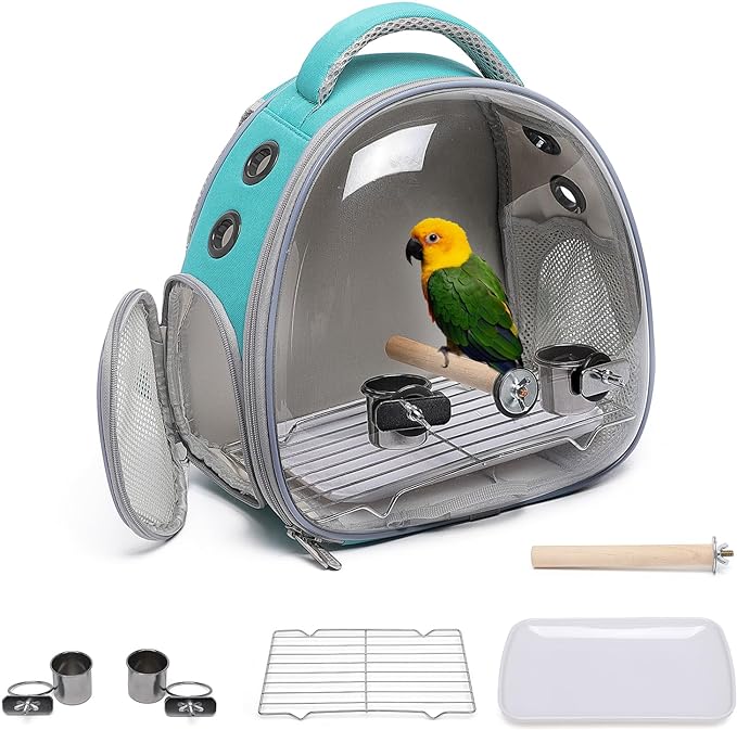 Bird Carrier Cage, Pet Travel Carrier Backpack with Standing Perch,Parrot Cockatiel Carrier bag, Food Bowl for Lovebirds Conures Parakeet Budgie Canary & Small Animal(green+accessories)