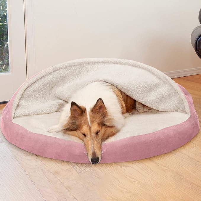 Furhaven 44" Round Orthopedic Dog Bed for Large Dogs w/ Removable Washable Cover, For Dogs Up to 80 lbs - Sherpa & Suede Snuggery - Pink, 44-inch