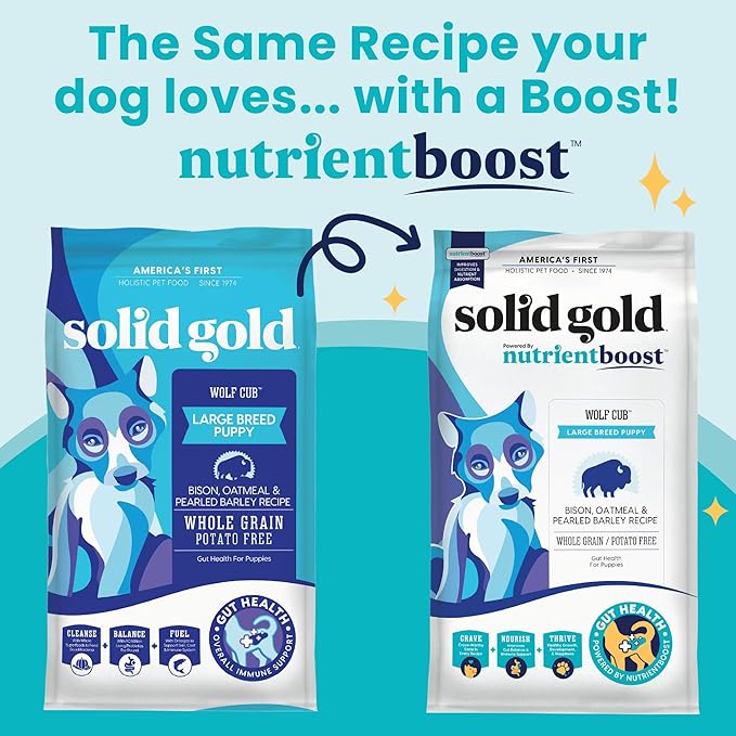 Solid Gold Large Breed Puppy Food w/Nutrientboost - Made with Real Bison, Oatmeal & Barley - Wolf Cub Whole Grain Puppy Food for Large Breed for Healthy Growth and Balanced Nutrition - 22 LB Bag