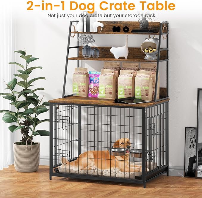 GAOMON Wooden Dog Crate Furniture with Storage Shelves,Dog Kennel Indoor with Removable Tray,Double Doors Modern Dog Crate, Dog House with Two Adjustable Stainless Steel Bowls,End Table Dog Crate