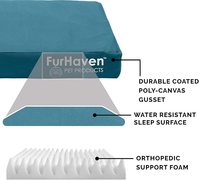 Furhaven Water-Resistant Orthopedic Dog Bed for Large Dogs w/ Removable Washable Cover, For Dogs Up to 95 lbs - Indoor/Outdoor Logo Print Oxford Polycanvas Mattress - Deep Lagoon, Jumbo/XL