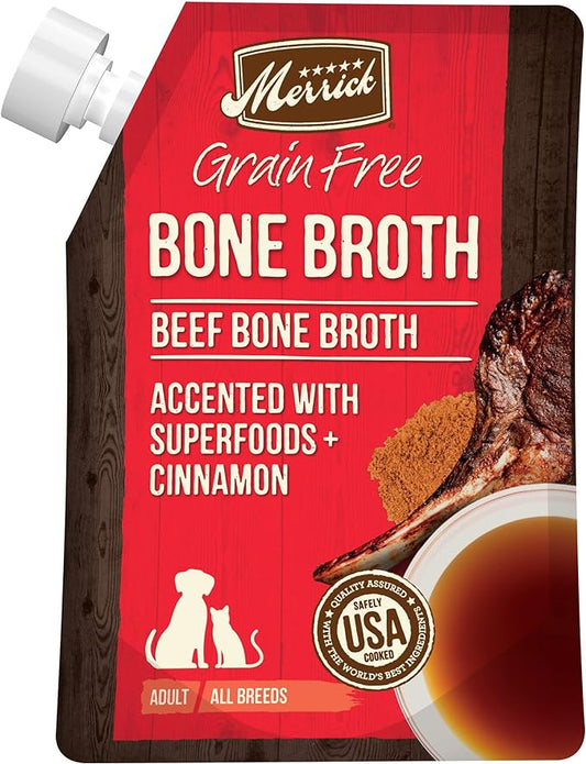 Merrick Grain Free Bone Broth, Premium Human Grade And Gluten Free Dog And Cat Food Topper Pouches, Beef - 16 oz. Pouch