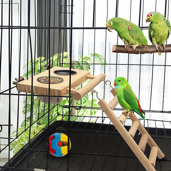 Tfwadmx Bird Food Stainless Steel Cups Wooden Perch Stand Hanging Feeder Bowls Feeding and Watering Supplies for Parakeets Conures Cockatiels Budgie Parrot