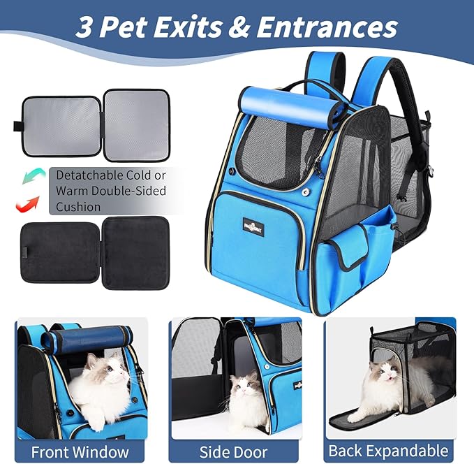 Cat Backpack Carrier, Expandable Pet Dog Backpack Carrier for Small Medium Cat Dog Under 20LBS, Ventilated Pet Backpack for Hiking Travel Outdoor Use, Blue