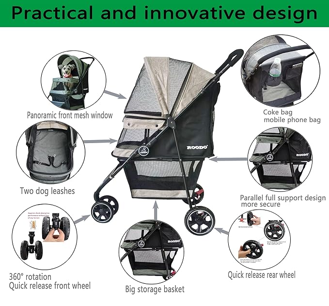 ROODO Dog Stroller 3Wheel Pet Stroller Cat Stroller Lightweight Foldable Portable Compact Jogger Pet Gear Puppy Travel Pet Stroller Suitable for 30lbs Small Dogs and Cats (Light Khaki)