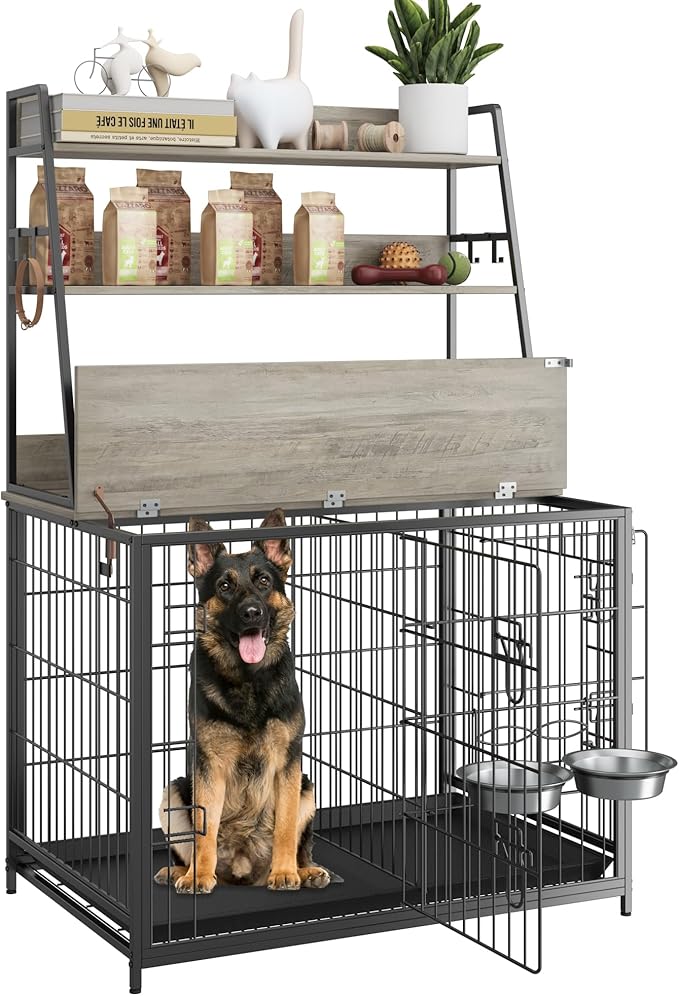 GAOMON Dog Crate Furniture with Storage Shelves, Wooden Dog Kennel with Removable Tray,Double Doors Modern Dog Crate,Indoor Dog House with Two Adjustable Stainless Steel Bowls,End Table Dog Cage,Grey