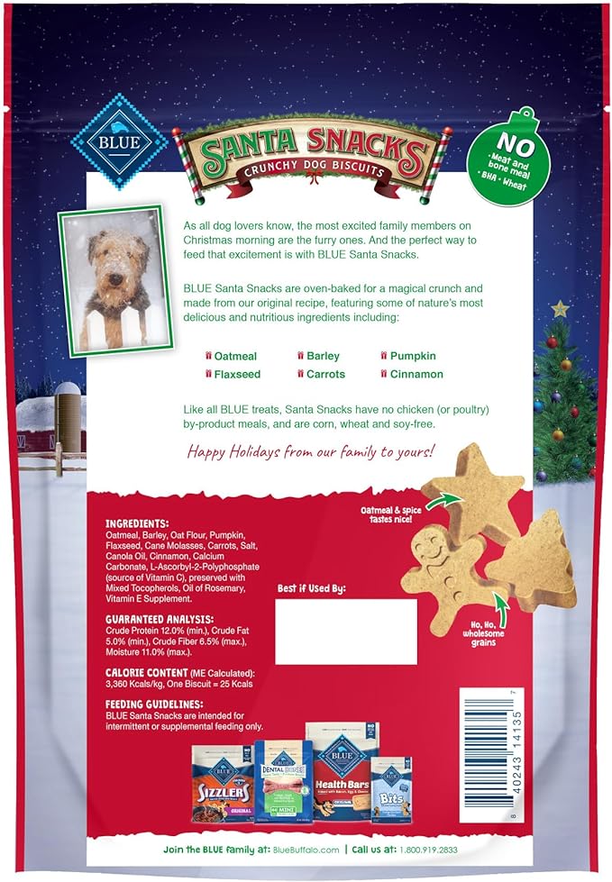 Blue Buffalo Santa Snacks Natural Crunchy Dog Treat Biscuits, Oatmeal & Cinnamon Treats 11-oz