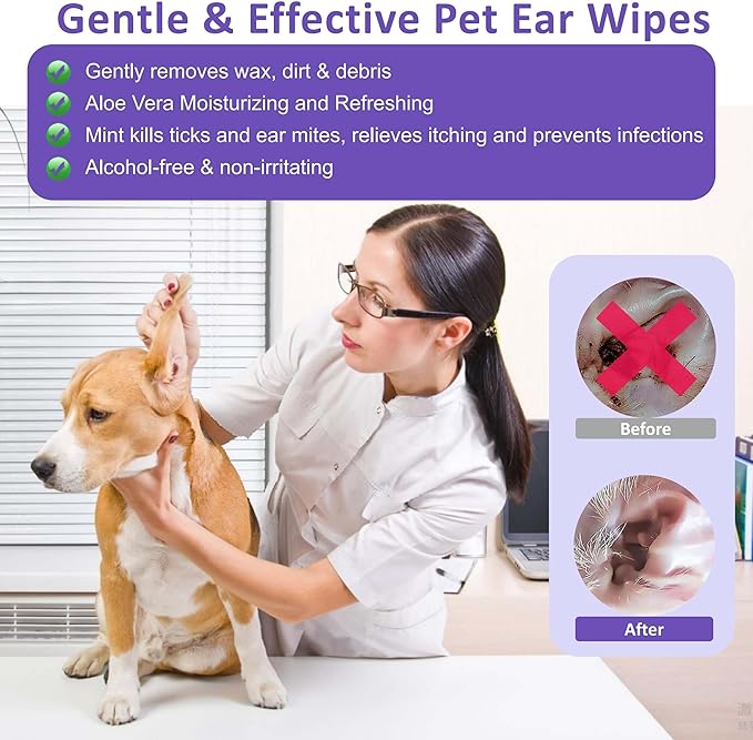 Dog Ear Wipes for Dogs & Cats, Pet Ear Cleaner Wipes - Gently Remove Ear Wax, Debris - Sooths & Deodorizes - Relieve Ear Itching & Inflammation, Mint Scent - All Natural - 60 Count