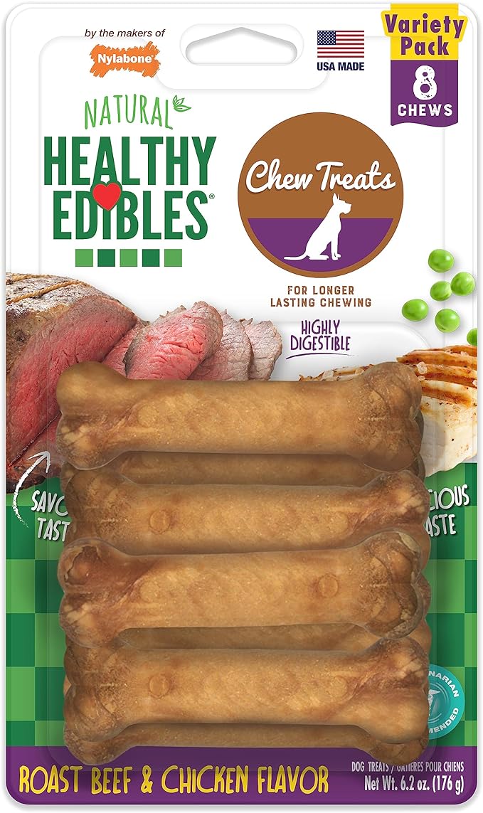 Nylabone Healthy Edibles Natural Dog Chews Long Lasting Chew Treats for Dogs, Roast Beef & Chicken Flavor, X-Small/Petite (8 Count)