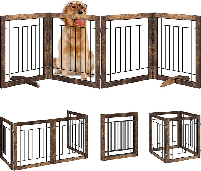 Folding No-Assembly Pet Gate 96" Wide, 30" Tall Wooden Dog Gate, Freestanding Wire Pet Gate, Pet Puppy Safety Fence, with 2PCS Support - Rustic Brown