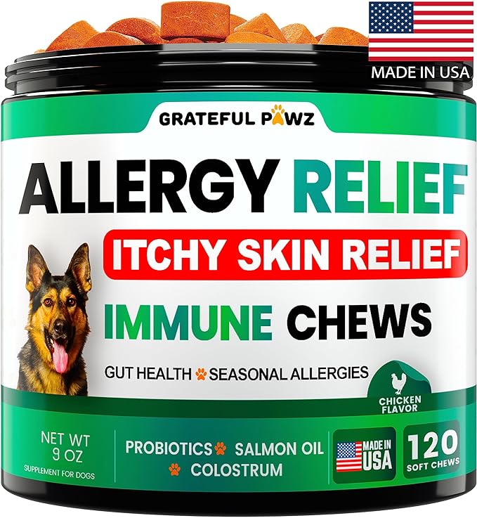 Dog Allergy Relief Chews - Dog Itch Relief - Probiotics, Omega 3 Fish Oil + Colostrum - Itchy Skin Relief - Seasonal Allergies - Anti Itch Support & Hot Spots - Immune Health Supplement - Made in USA