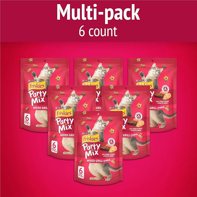 Purina Friskies Cat Treats, Party Mix Mixed Grill Crunch - (Pack of 6) 6 Oz. Pouches