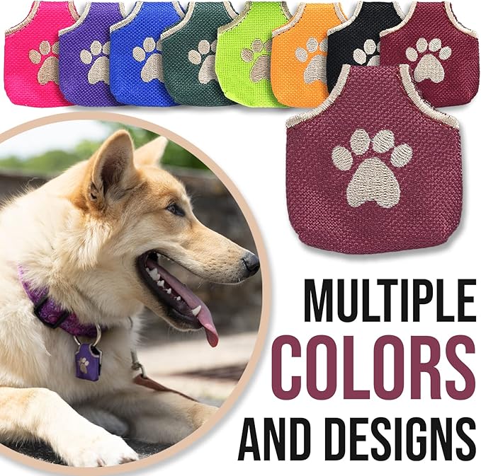 Dog Tag Silencer, Burgundy Pawprint - Quiet Noisy Pet Tags - Fits Up to Four Pet IDs - Dog Tag Cover Protects Metal Pet IDs, Made of Durable Nylon, Universal Fit, Machine Washable