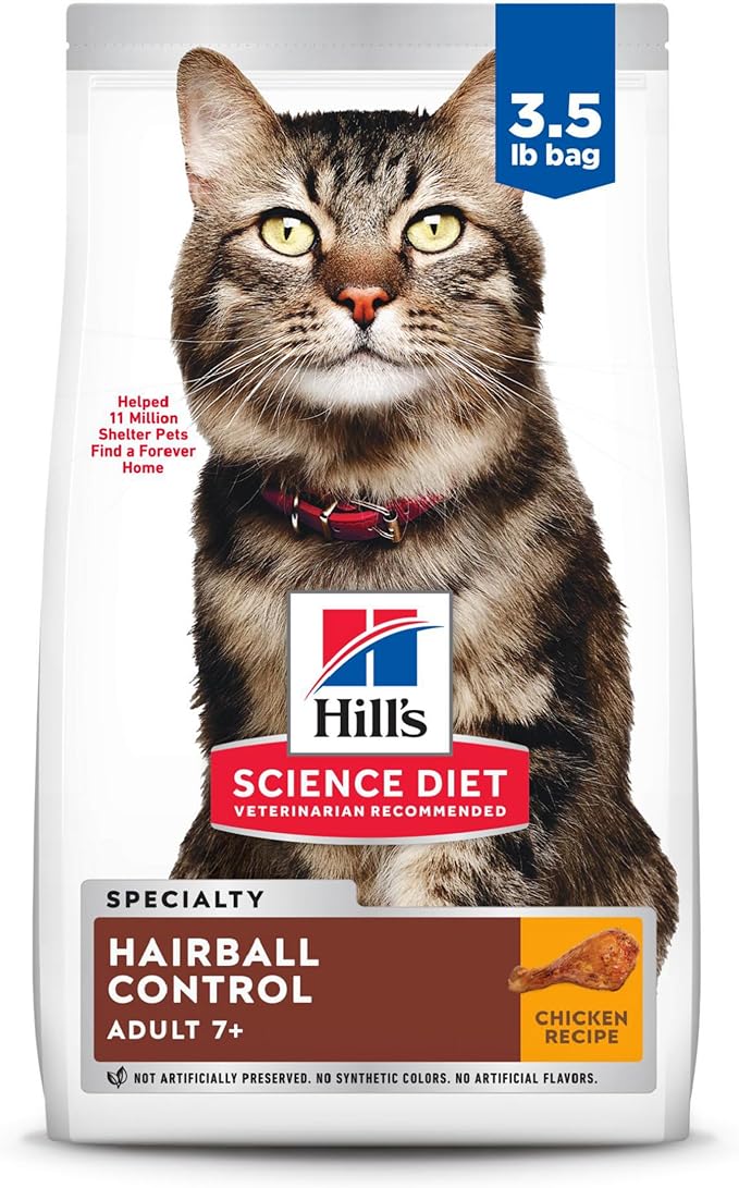 Hill's Science Diet Hairball Control, Senior Adult 7+, Hairball Control Support, Dry Cat Food, Chicken Recipe, 3.5 lb Bag