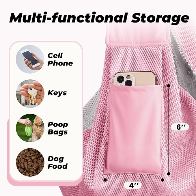 Dog Carrier Sling, Hand-Free Dog Sling Carrier for Small Dogs and Cats，Travel Safety Puppy Bag (Pink)
