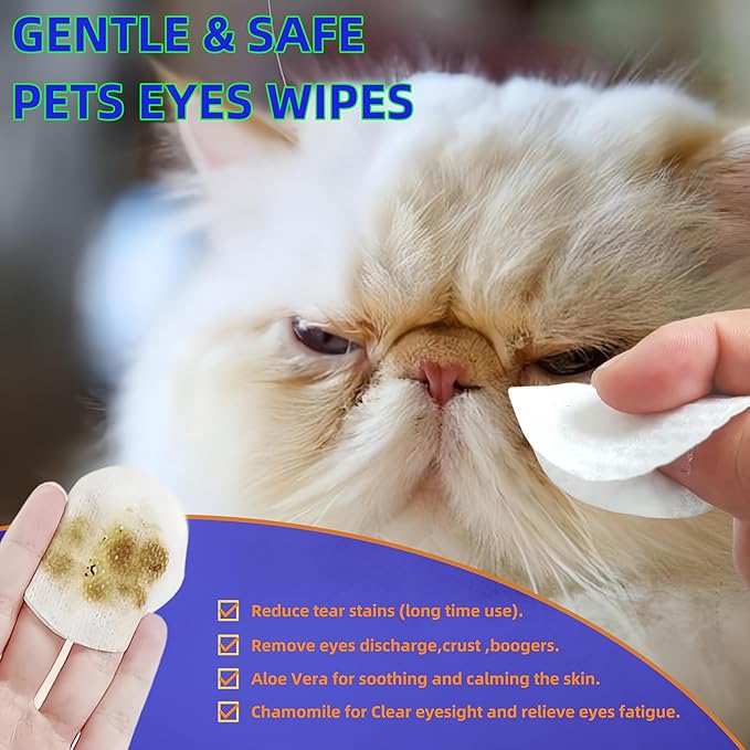 Pet Eye Wipes for Dogs & Cats - Gently Remove Tear Stain, Eye Debris, Discharge, Mucus Secretions - Aloe & Chamomile Pet Cleaning Grooming Deodorizing Wipes for Eyes, Wrinkle, 100Count