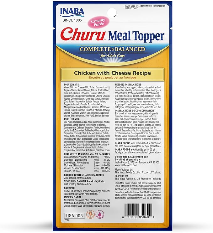 INABA Churu Meal Topper for Cats, Complete & Balanced, Creamy, Lickable Purée Cat Food Topper, 0.5 Ounce Tube, 24 Tubes (4 per Pack), Chicken with Cheese Recipe