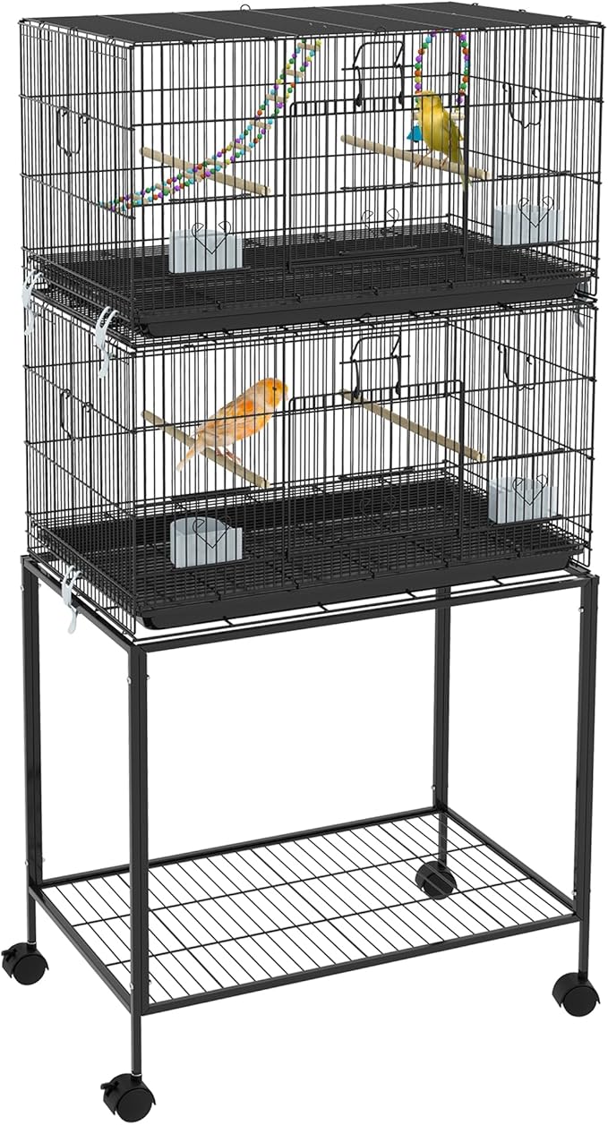 NicBex 64.5" Double Stackable Bird Cage, Large Parakeet Cages with Stand,Pet Flight Birdcage for Parrot Lovebirds Finches Parakeets Budgie Parrotlet Conures,Wooden Swing, Rope Ladder & Wheels,Black