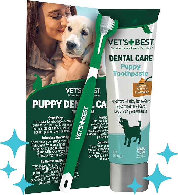 Vet’s Best Puppy Dental Kit – Toothbrush & Toothpaste for Puppies – Helps Soothe Irritated Gums During Teething, Freshens Breath, Prevent Plaque & Tartar - Natural Peanut Butter Flavor