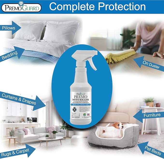 Mite Killer Spray by Premo Guard – Treatment for Dust Spider Bird Rat Mouse Carpet and Scabies Mites – Fast Acting 100% Effective – Child & Pet Safe – Best Natural Extended Protection (16 oz)