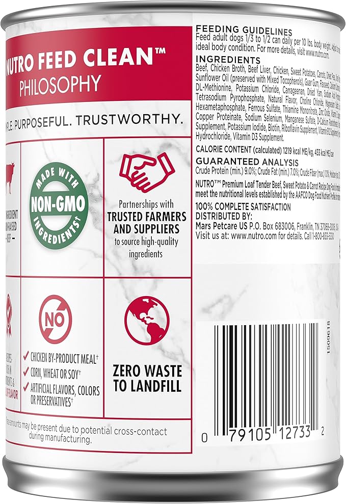 NUTRO PREMIUM LOAF Adult Natural Grain Free Wet Dog Food Tender Beef, Sweet Potato & Carrot Recipe, 12.5 oz. Cans (Pack of 12)