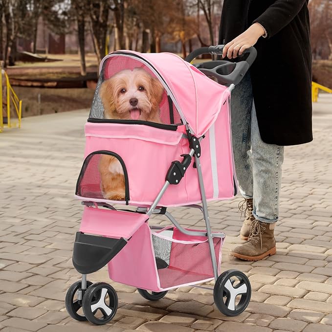 MoNiBloom 3-Wheels Foldable Pet Stroller w/Cover, Pet Strolling Cart for Small/Medium Dogs and Cats w/Cup Holder, Breathable Visible Mesh, Pink