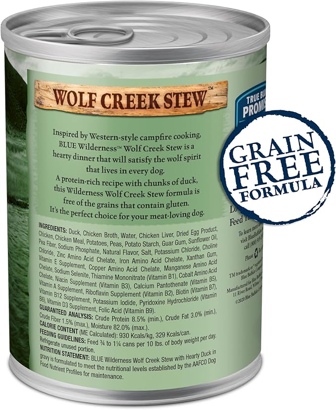 Blue Buffalo Wilderness Wolf Creek Stew High Protein, Natural Wet Food for Dogs, Hearty Duck Stew in Gravy, 12.5-oz cans, 12 Count