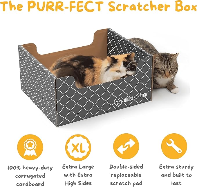 Hide & Scratch: Extra-Large Heavy Duty Cardboard Cat Scratcher and Lounger Box with Refillable Scratch Pad (Dark Grey 4PC)