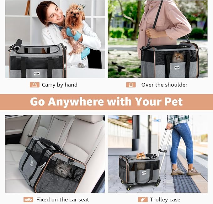 Lekereise Cat Carrier with Wheels for Small Pet, Airline Approved Dog Carrier with Wheels, Rolling Dog Cat Carrier, Grey