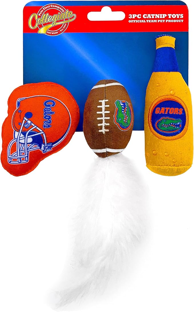 BEST PLUSH CAT TOY - NCAA FLORIDA GATORS Complete Set of 3 piece Cat Toys filled with Fresh Catnip. Includes: 1 Helmet Cat Toy, 1 Football Cat Toy with Feathers & 1 Beer Bottle. Beautiful Team LOGOS