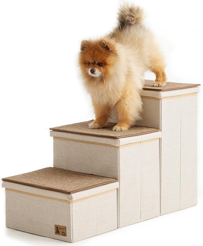 BEDELITE Dog Stairs for Small Medium or Large Dogs, 3 Tiers Dog Steps for High Bed and Couch 17" H, Foldable Pet Stairs Up to 200Lbs with Detachable Mats & Storage, Beige