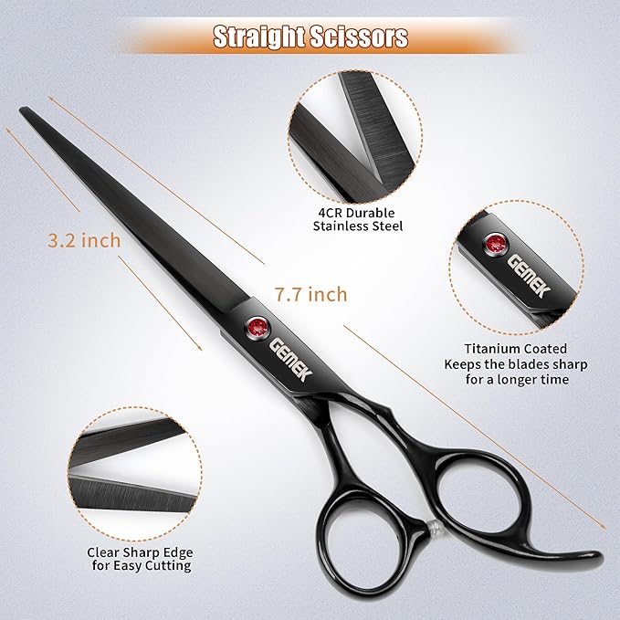 7.0in Titanium Professional Dog Grooming Scissors Set, GEMEK 6 in 1 Straight & Thinning & Upwards Curved & Downwards Curved Scissors & Comb for Dogs, Cats and Other Animals