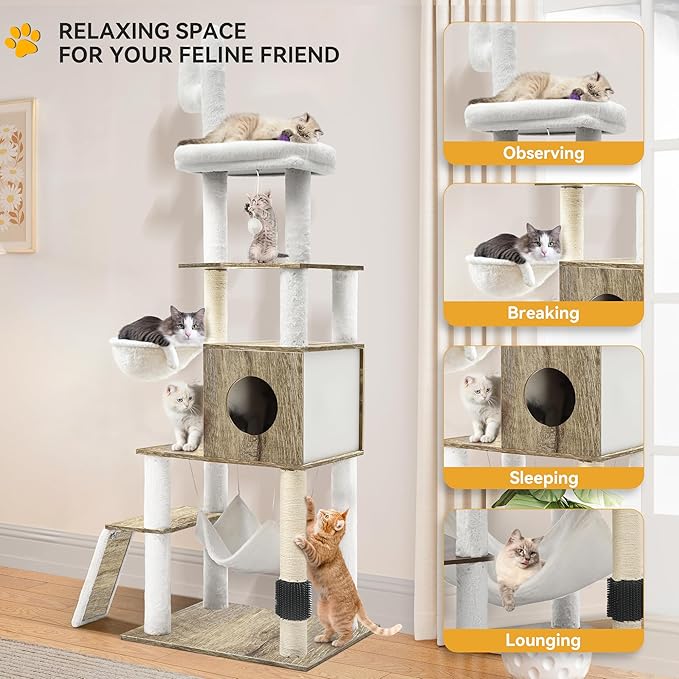 YITAHOME Modern Cat Tree for Indoor Cats with Self-Grooming Brush, 69" Tall Wooden Cat Tower with Condo, Hammock, Scratching Post, Board, Removable Pads for Kittens Big Cats，Greige