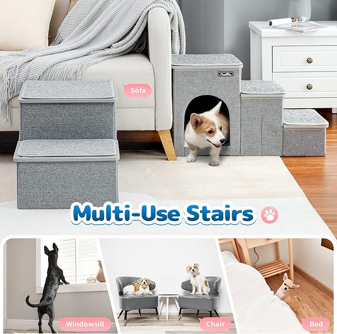 Made4Pets Cat Stairs Dog Ladder for Bed, Pet Step for Small Dogs and Cats, Dog Ramp for Couch Sofa with Toy Storage, Folding Puppy Stair Helper for High Beds, Doggie Car Ramp for Older Cats