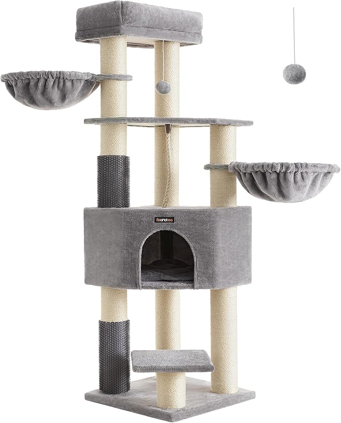 Feandrea Cat Tree for Large Cats, 63-Inch Heavy-Duty Cat Tower with Self-Warming Pads, 2 Self-Groomers, 9 Scratching Posts, Large Perch, Cave, and Baskets, Dove Gray and Cream White UPCT003N01