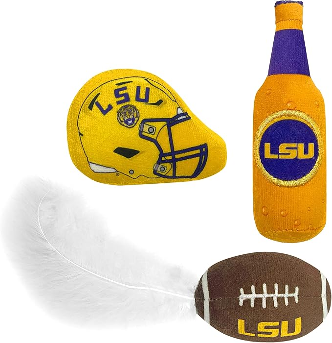 Pets First Best Plush CAT Toy - NCAA LSU Complete Set of 3 Piece Cat Toys Filled with Fresh Catnip. Includes: 1 Helmet Cat Toy, 1 Football Cat Toy with Feathers & 1 Beer Bottle. Beautiful Team Logos