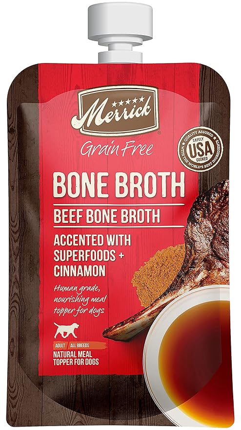 Merrick Grain Free Bone Broth Natural Meal Topper for Dogs, Accented with Superfoods & Cinnamon, for Adult Dogs of All Breeds Beef, 7 Ounce,(Pack of 3)