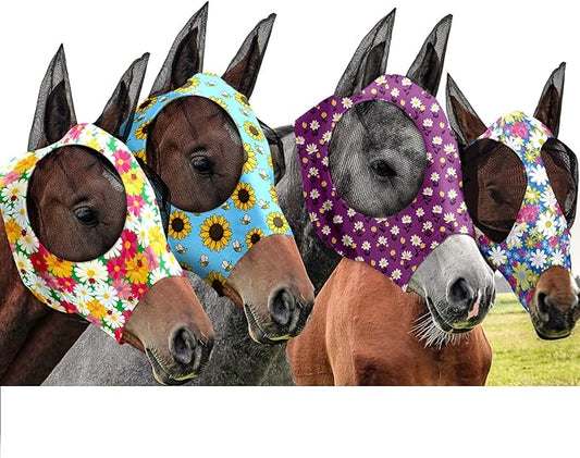 Frienda 4 Pieces Horse Fly Masks for Horses Horse Fly Mask with Ears Face Covering Elasticity Smooth and Comfortable Horse Mask with UV Protection(Medium, Flower)