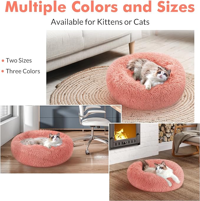 rabbitgoo Cat Beds for Indoor Cats, 24 inches Cat Bed Machine Washable, Fluffy Round Pet Bed Non-Slip, Calming Soft Plush Donut Cuddler Cushion Self Warming for Small Dogs Kittens, Pink, Large