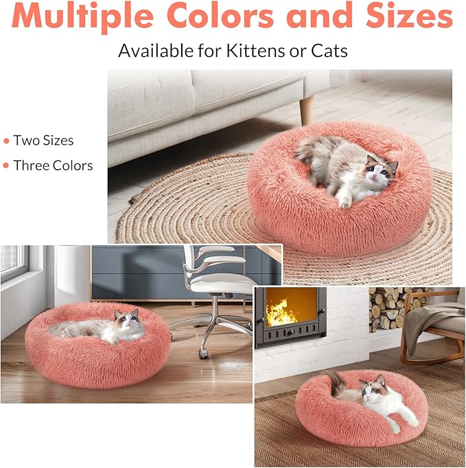 rabbitgoo Cat Beds for Indoor Cats, 20 inches Cat Bed Machine Washable, Fluffy Round Pet Bed Non-Slip, Calming Soft Plush Donut Cuddler Cushion Self Warming for Small Dogs Kittens, Light Pink, Medium